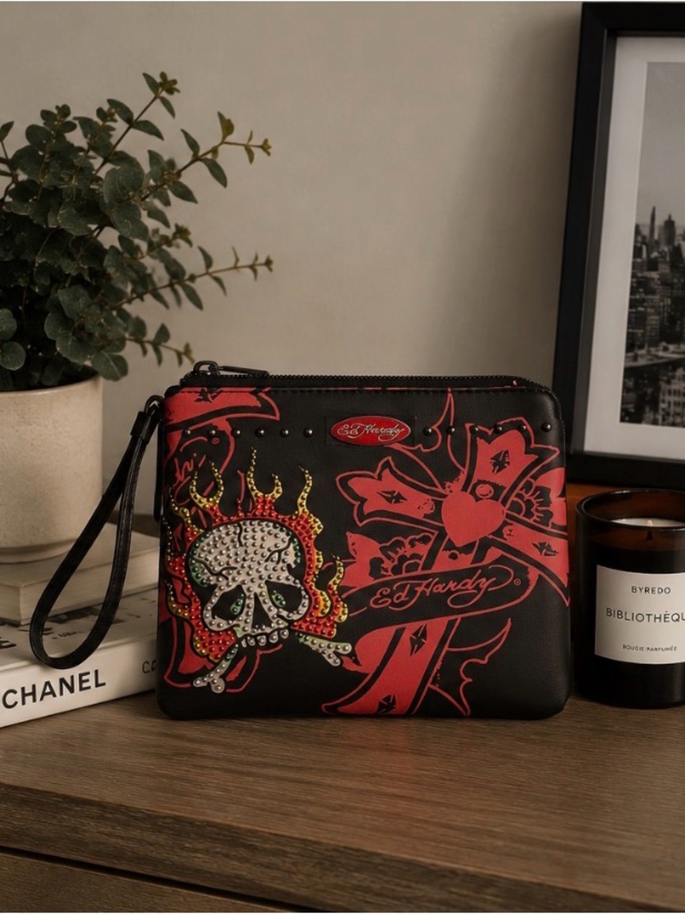 Ed Hardy Black and Red Crystal Skull Wristlet